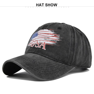 Close-up of vintage washed dark gray baseball cap with USA flag and text embroidery