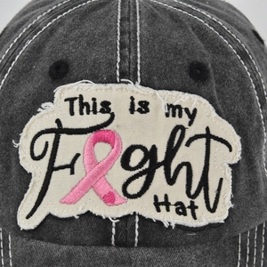 Distressed dark grey cotton baseball cap with This is my Fight Hat breast cancer ribbon