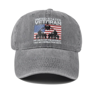 Close-up of the United States Veteran graffiti print on a distressed baseball cap