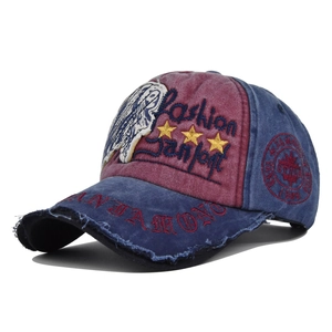Detail of vintage baseball cap with skull embroidery and distressed brim effect