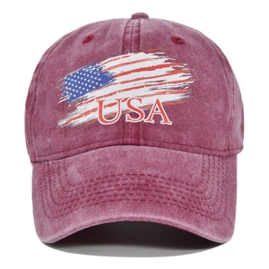 Vintage burgundy washed cotton baseball cap featuring USA flag print and curved brim