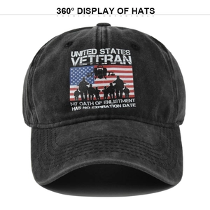 Close-up of US Veteran embroidery on black washed cotton distressed baseball cap