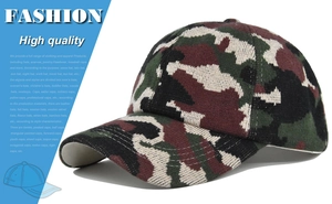 Detailed close-up of camo knit baseball cap showing thick wool texture and reinforced stitching