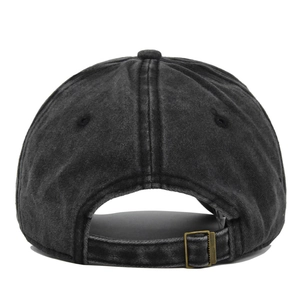 Rear view of vintage black washed cotton baseball cap with adjustable metal buckle closure
