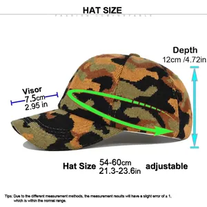 Size chart for camouflage knit ponytail baseball cap with adjustable measurements