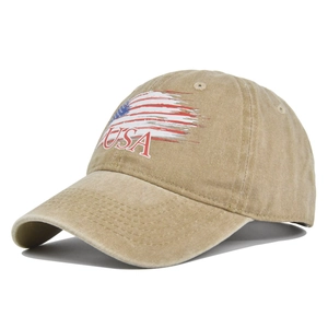Vintage khaki USA baseball cap with distressed American flag print on cotton canvas