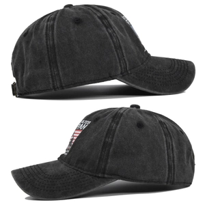 Detail view of washed charcoal cotton baseball cap with American flag and veteran embroidery