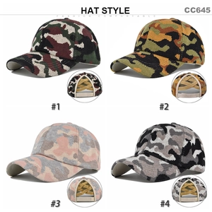 Women's knit ponytail baseball caps in four camouflage patterns with criss-cross back elastic