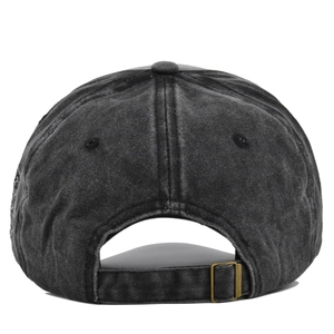 Detail view of the vintage washed grey baseball cap with adjustable bronze metal buckle strap
