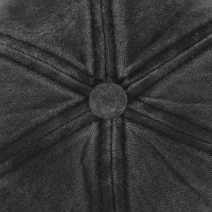 Macro shot of dark corduroy baseball cap crown featuring fine stitching and top button