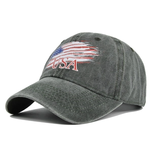 Close-up of vintage charcoal washed cotton baseball cap with USA flag and embroidery