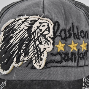 Vintage washed grey baseball cap with Indian skull embroidery and golden stars