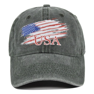 Detailed view of washed grey cotton baseball cap with vintage USA flag and text print
