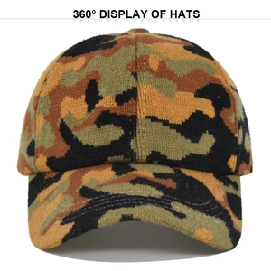 Detailed knit texture of ponytail baseball cap featuring a classic camo pattern