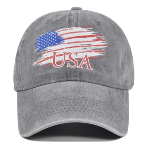 Close-up of vintage washed gray baseball cap with USA flag print and reinforced stitching