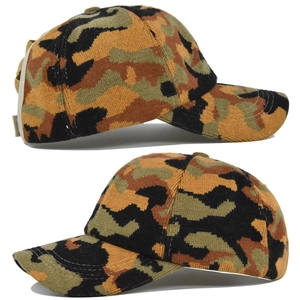Close-up of camouflage knitted ponytail baseball cap with textured stitching detail