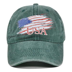 Vintage dark green washed cotton baseball cap with USA flag print and embroidered text