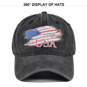 Close-up of vintage distressed USA baseball cap with flag print and washed denim texture