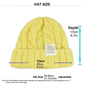 Size guide for cable knit winter beanie showing height and adjustable width dimensions