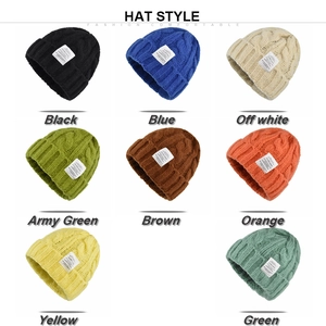 Grid view showing eight different colors of cable-knit beanies with woven logo tags