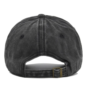Detailed back view of vintage washed charcoal baseball cap with adjustable metal buckle strap