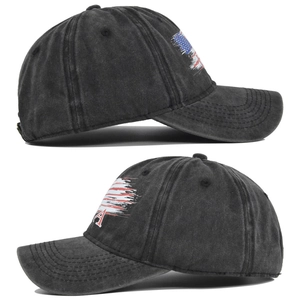 Detail view of washed vintage cotton fabric and precision USA flag embroidery on the cap