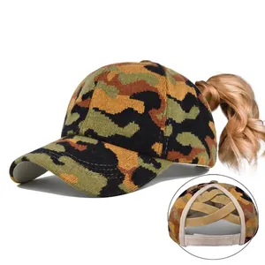 Women Ponytail Knitted Baseball Cap Camouflage High Messy Bun Hat Adjustable Cotton Outdoor Sport Sun Visor Fashion Peaked Cap