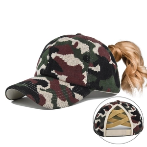 Camo knitted ponytail baseball cap with criss-cross elastic back and adjustable velcro