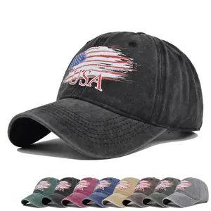 Distressed Washed Cotton Baseball Cap USA Flag Print Vintage Sun Hat Adjustable Retro American Dad Hat For Men Women