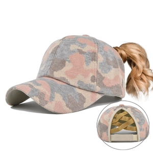 Pink and grey camo knit ponytail baseball cap with elastic crossover back straps