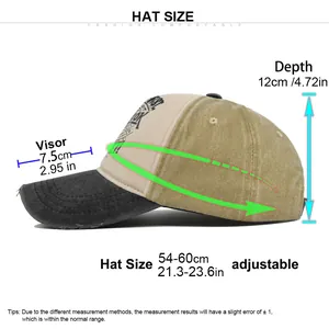 Detailed size chart for the vintage washed khaki and black graffiti baseball cap