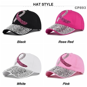 Sparkling rhinestone baseball caps in four colors featuring pink ribbon crystal designs