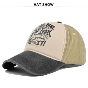 Close-up of distressed brim detail and vintage graffiti print on colorblock cotton cap