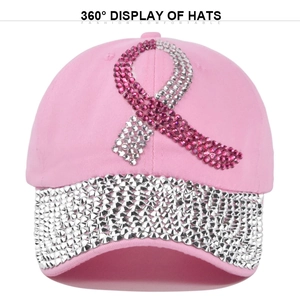 Rhinestone Pink Ribbon Baseball Cap For Women Men Polyester Denim Distressed Adjustable Bling Sparkle Sun Hat Charity Gift