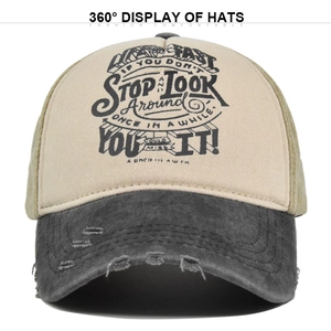 Vintage graffiti baseball cap with frayed brim and olive mesh back panels in retro style