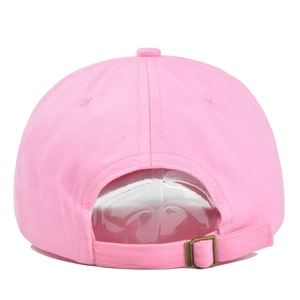 Detailed back view of pink cotton baseball cap with adjustable metal buckle strap