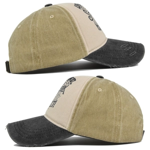 Detail of vintage washed baseball cap showing distressed brim and tri-color panel design