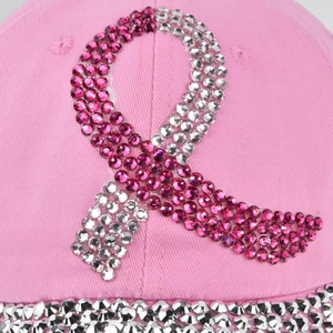 Pink baseball cap with rhinestone breast cancer ribbon and sparkling brim detail