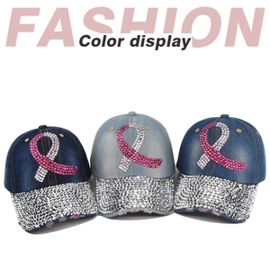 Detailed color display of three denim baseball hats with rhinestone ribbon patterns
