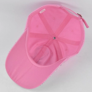 Internal view showing 100% cotton material and rhinestone edge on pink baseball cap
