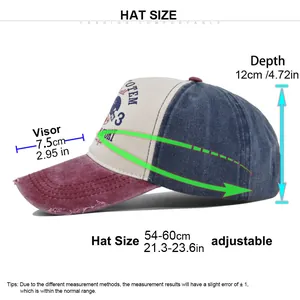 Size chart for adjustable distressed graffiti baseball cap with exact dimensions