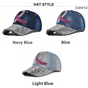 Detailed comparison of navy blue and light blue denim baseball caps with rhinestones