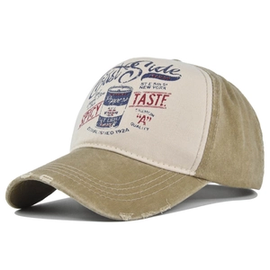Distressed graffiti print baseball cap with contrast brim and vintage industrial graphics