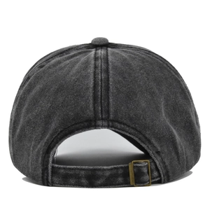 Rear view showing the adjustable metal buckle and vintage washed denim fabric texture
