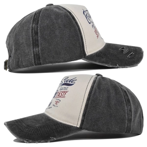 Detailed side view of vintage washed patchwork baseball cap with distressed brim and prints