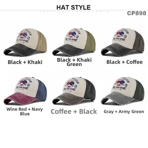 Detailed grid view showcasing multi-color distressed baseball caps with totem printing