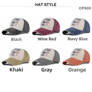 Collage showing six vintage washed cotton baseball caps with distressed brims and graffiti print