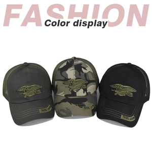 Three Navy Seal mesh baseball caps in grey, camo, and black with logo embroidery