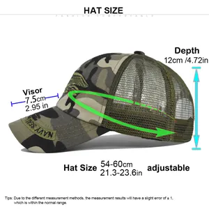 Size chart showing adjustable 54-60cm circumference for camouflage mesh baseball cap