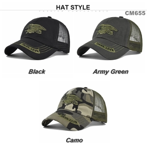 Navy SEAL mesh trucker hats shown in black, army green and camo color options